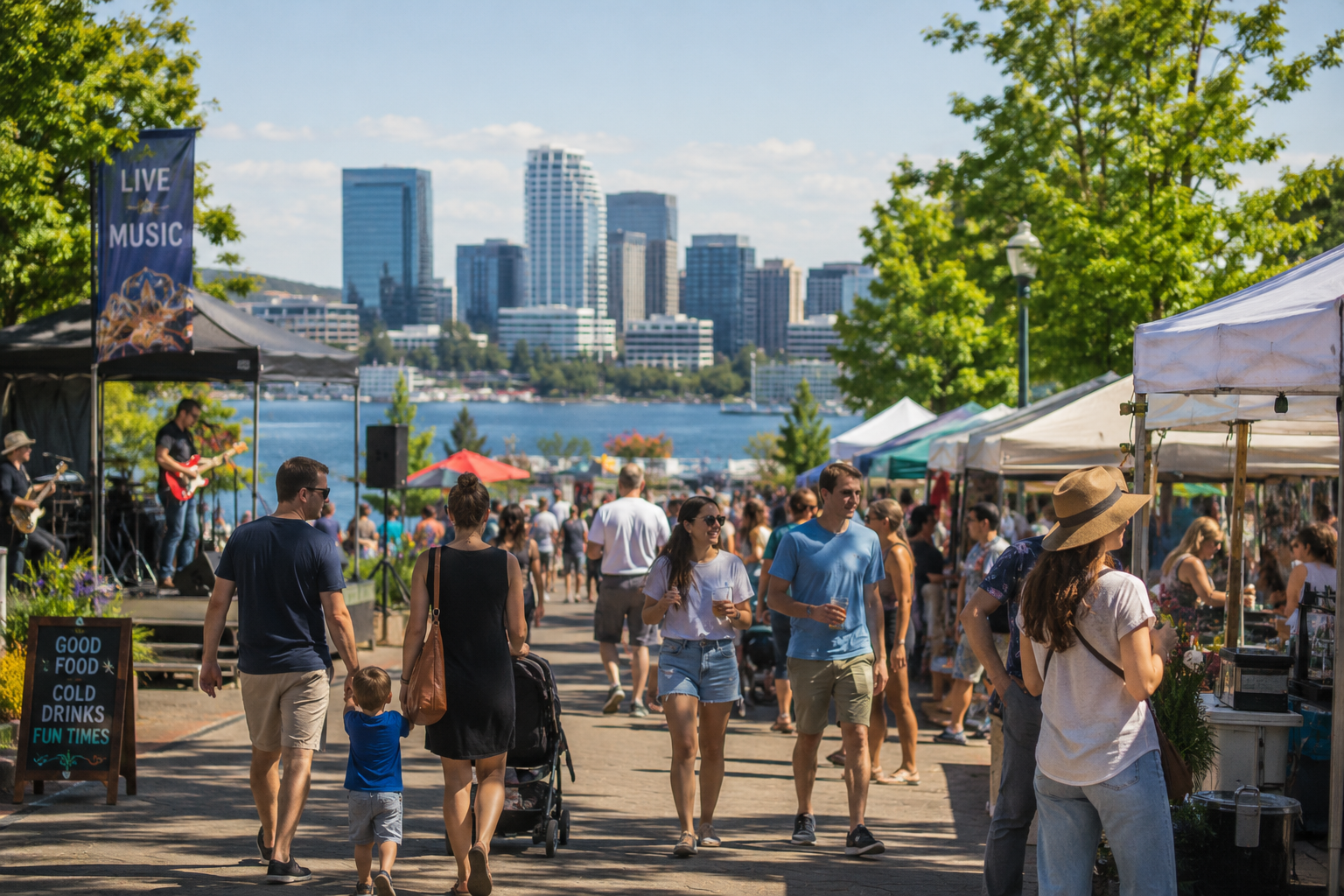 Families enjoying a summer community festival on Seattle's Eastside