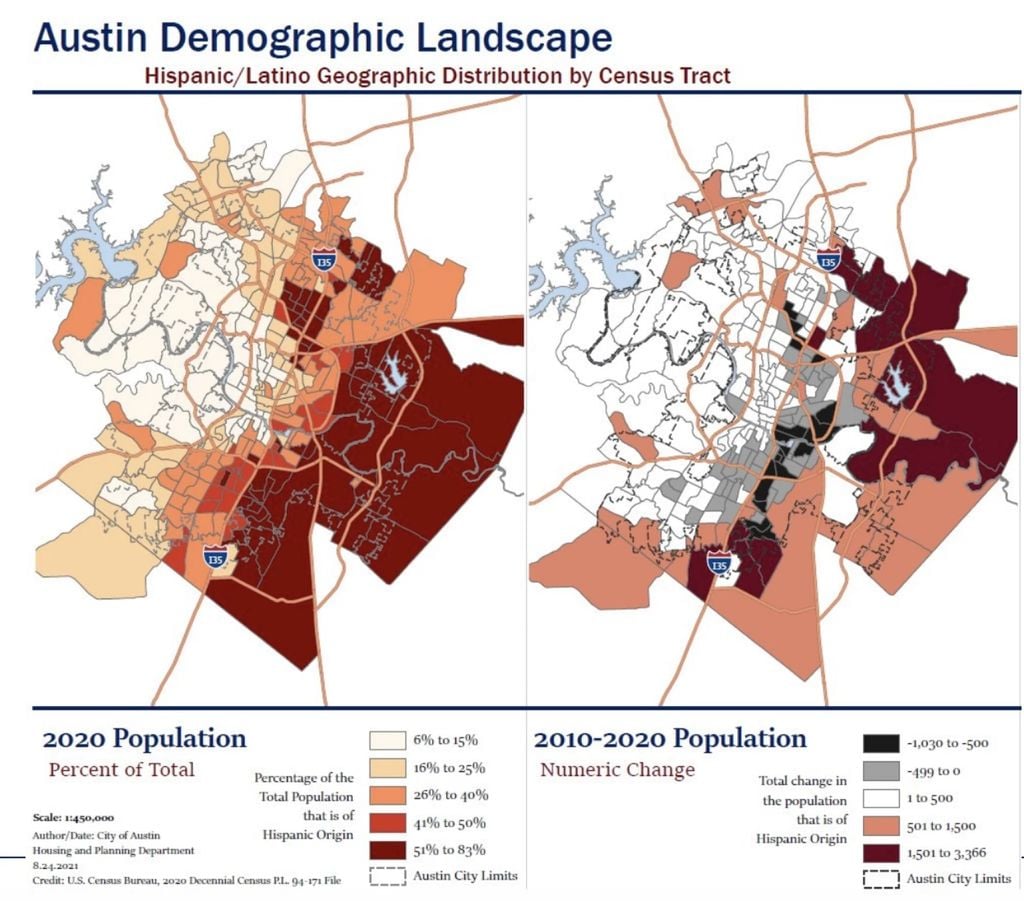 Recent Austin demographic map illustrating Hispanic racial and opportunity segregation across the city by census tract.