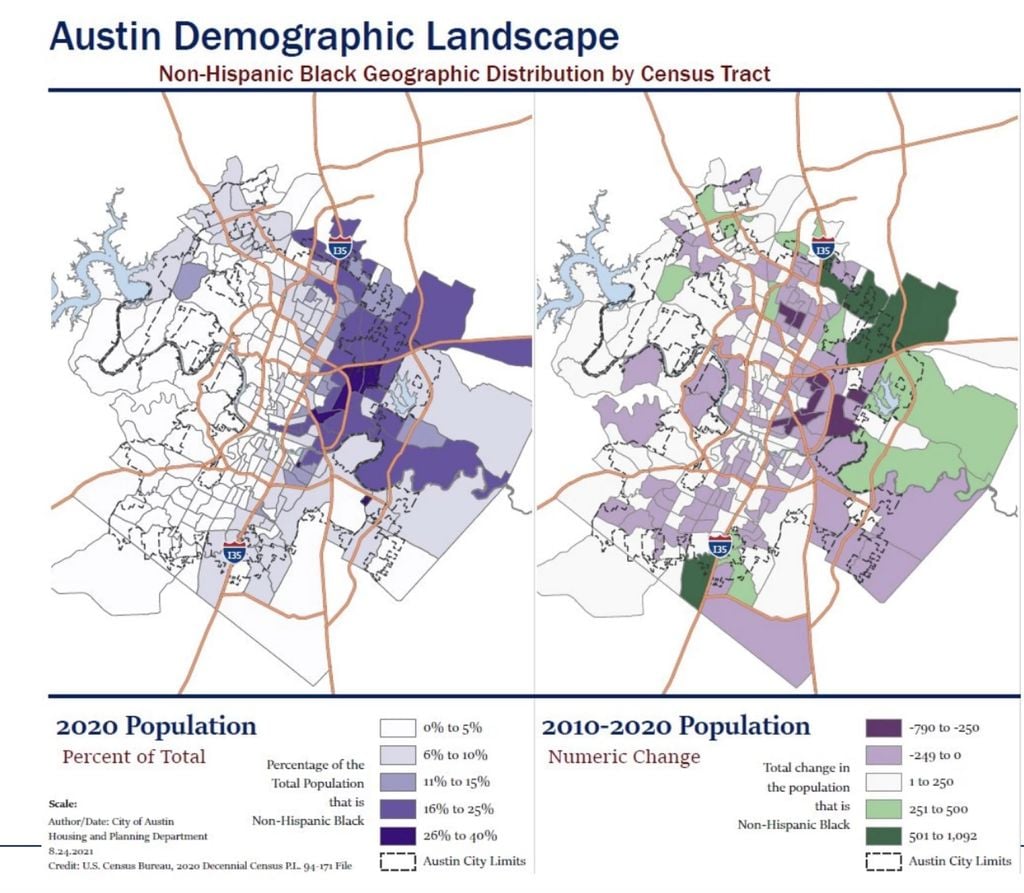 Recent Austin demographic map illustrating racial and opportunity segregation across the city by census tract.