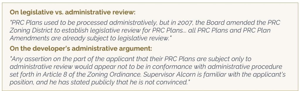 On legislative vs. administrative review - On the developer's administrative argument