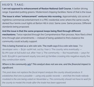 Hud's Take editorial callout on Reston National financial impact — pro golf course enhancement, anti enhancement-as-rezoning, win-win-win frame, 812 households, $74.9M equity loss