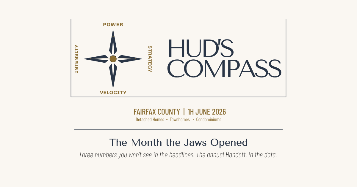 Hud's Compass header for the Fairfax County June 2026 blog, titled "The Month the Jaws Opened," analyzing the annual housing market handoff.