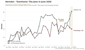Line chart of Herndon Townhome active listings at 41 and pending contracts at 20 in June 2026, showing the widest jaws divergence.