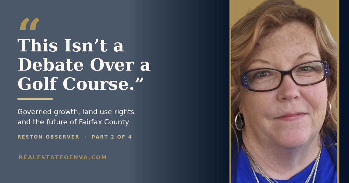 Michele Hudnall beside the quote “This isn’t a debate over a golf course,” from Part 2 of the Reston Observer podcast series on the Reston National Golf Course