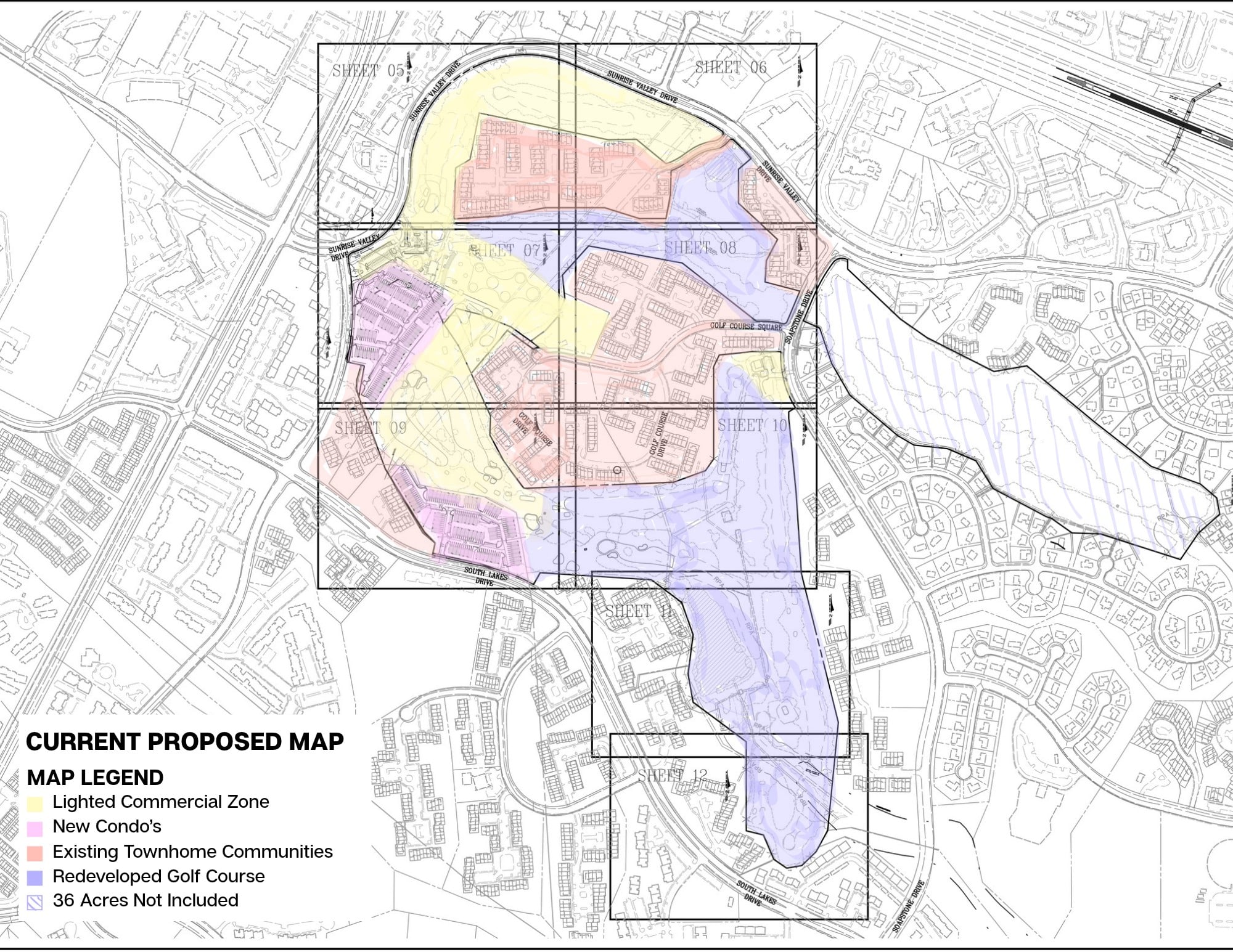 Annotated map of the Reston National PRC Plan showing a lighted commercial zone, new condominiums, existing townhome communities, the redeveloped golf course, and 36 acres outside the application