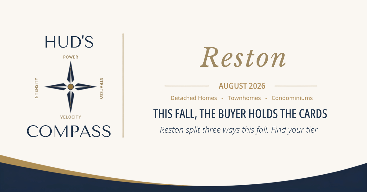 Hud's Compass banner for the Reston August 2026 market report, headline "This fall, the buyer holds the cards," covering detached homes, townhomes, and condominiums.