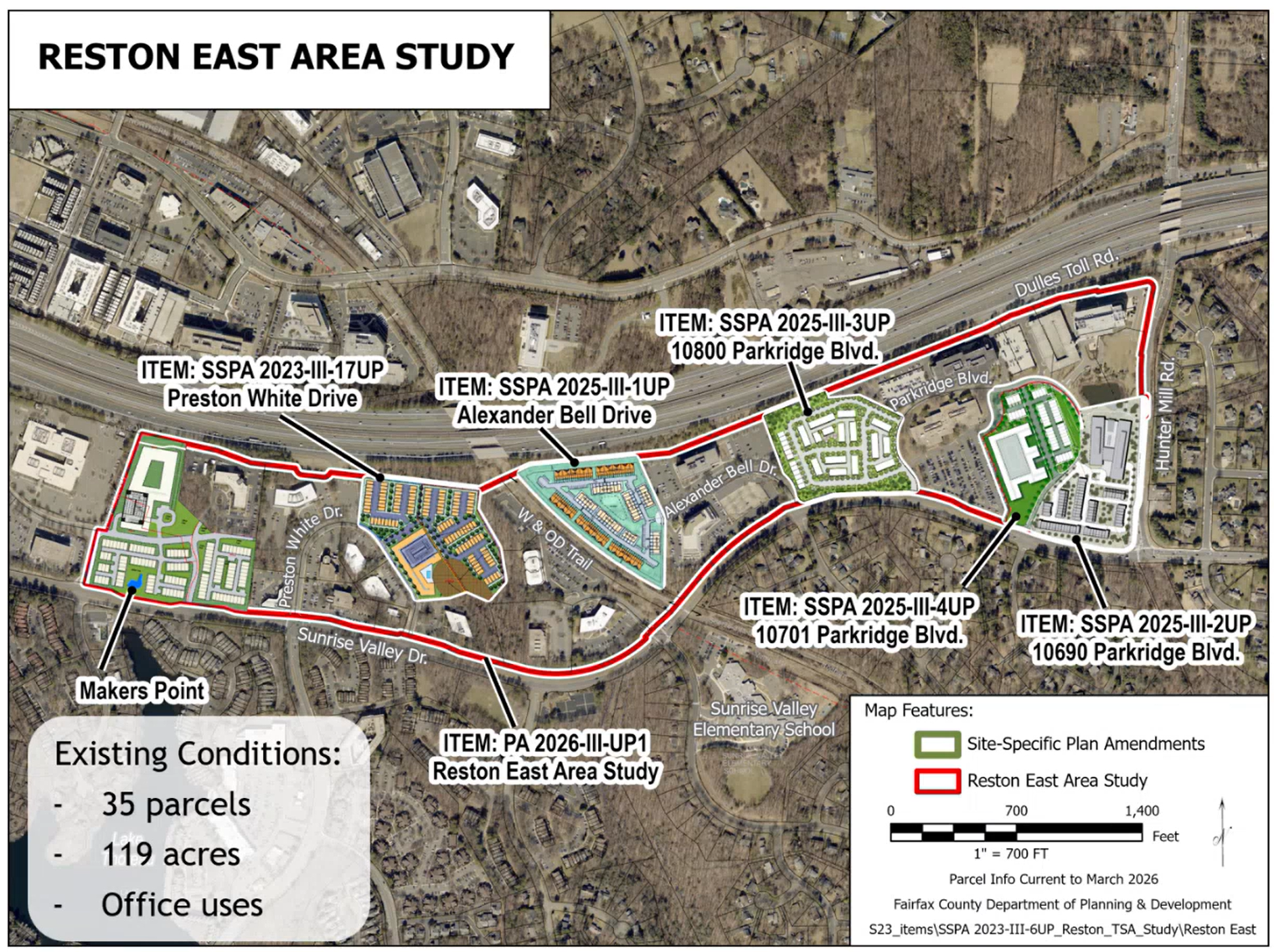 Fairfax County map of the Reston East Area Study showing six separate site-specific plan amendment applications inside one 119-acre study boundary