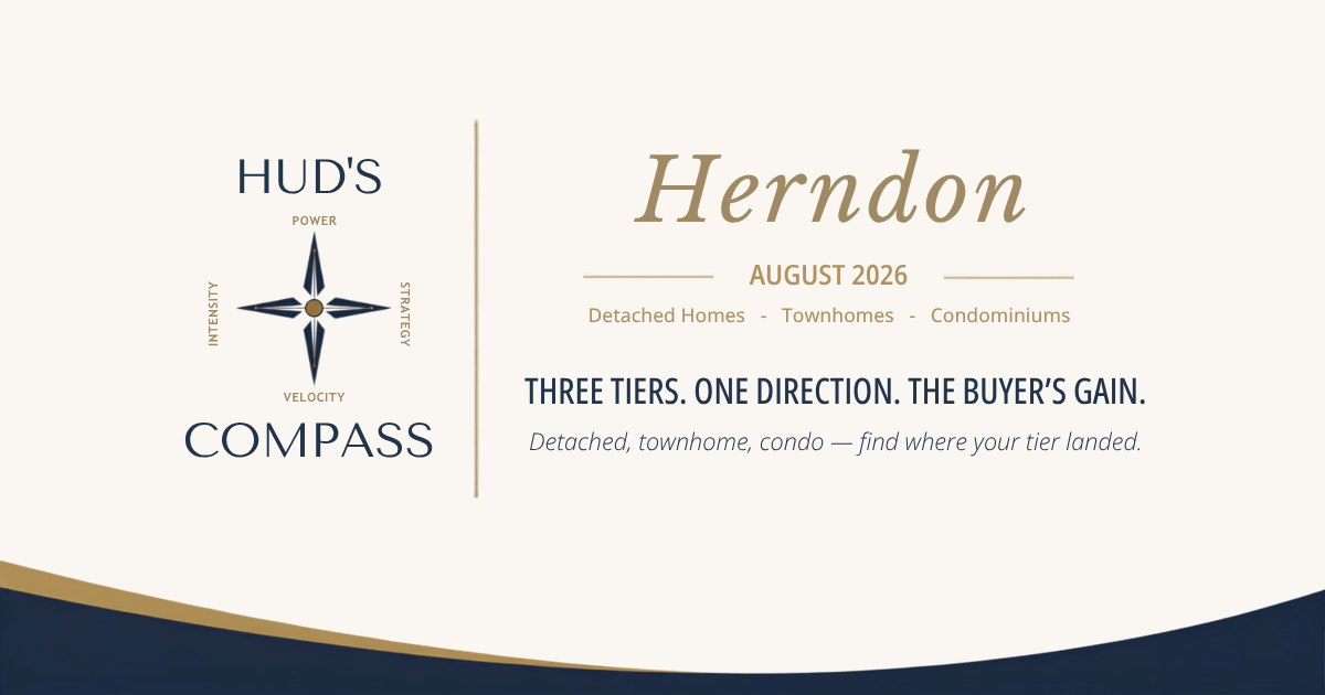 Hud’s Compass banner for the Herndon August 2026 market report, headline “Herndon still moves as one,” covering detached homes, townhomes, and condominiums.