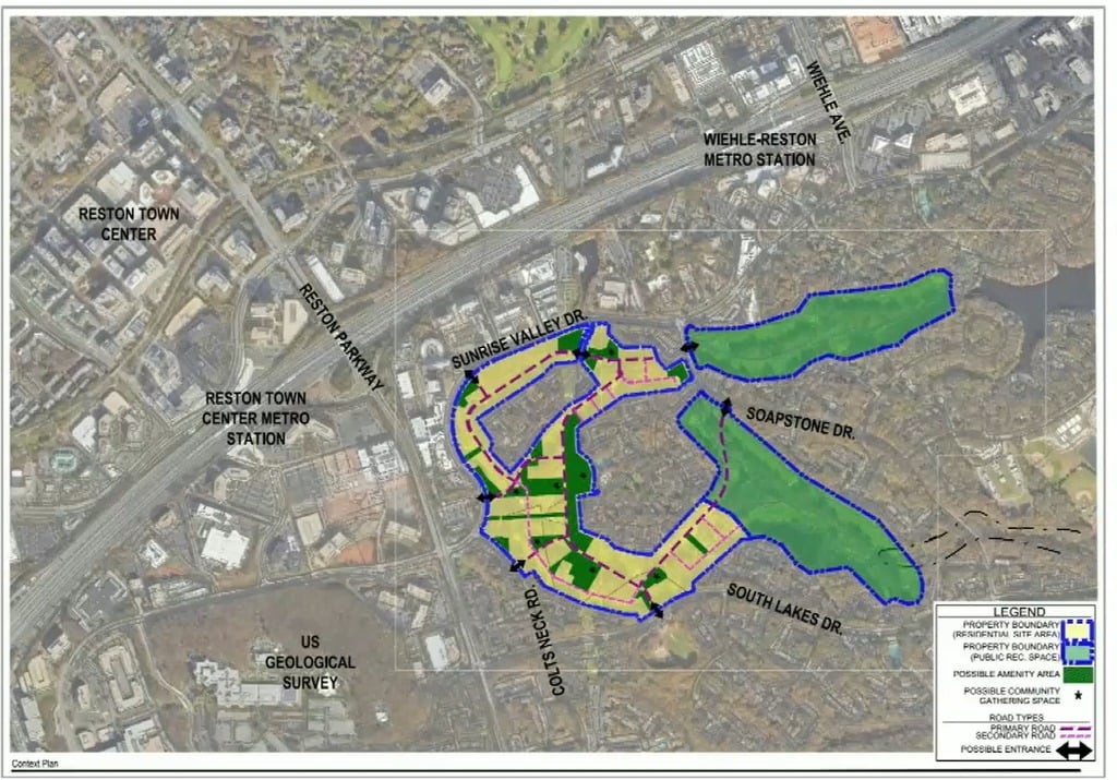 2025 concept plan for Reston National Golf Course showing about 86 acres of housing in yellow on the western loop and about 80 acres of public park in green on the two eastern arms