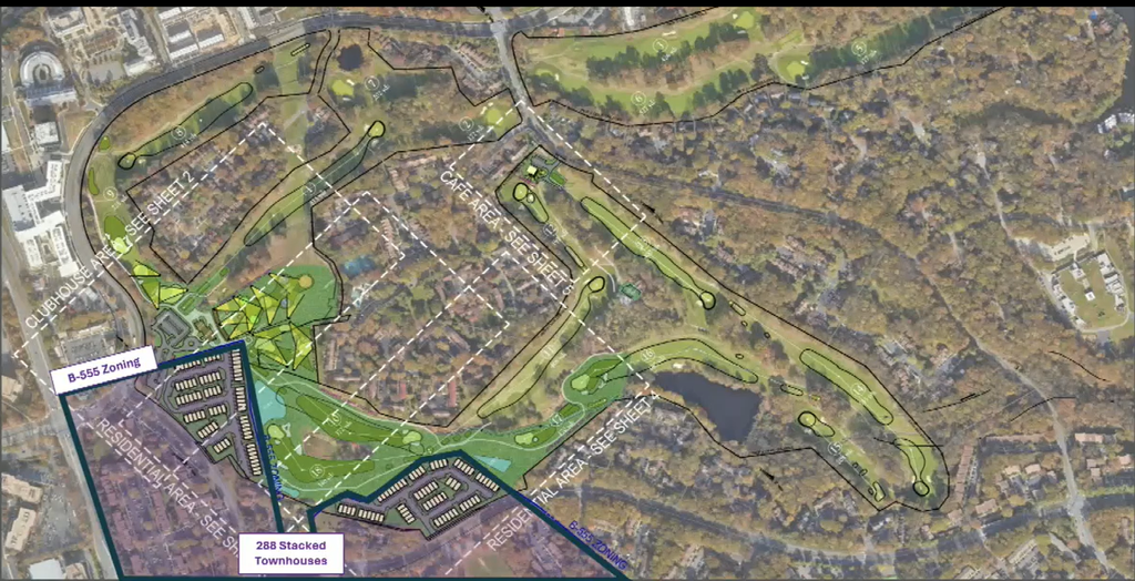 Applicant’s 2025 PRC plan map for Reston National Golf Course showing 288 stacked townhouses in two land bays inside the B-555 zoning outline along Colts Neck Road and South Lakes Drive, with the reconfigured golf course around them