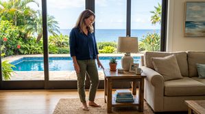 lady looking at end table