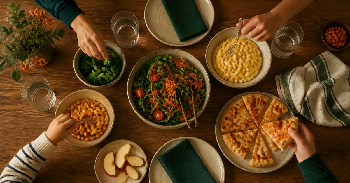 Family sharing a kid-friendly restaurant meal at a table