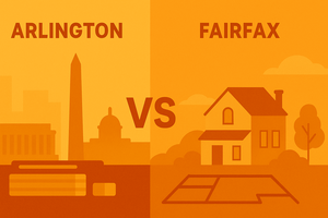 A flat orange illustration visually comparing Arlington and Fairfax, Virginia. The left side features a minimalist cityscape with tall buildings and the Washington Monument representing Arlington, while the right side depicts a suburban home surrounded by trees for Fairfax. A large “VS” symbol sits in the center, contrasting urban and suburban lifestyles.