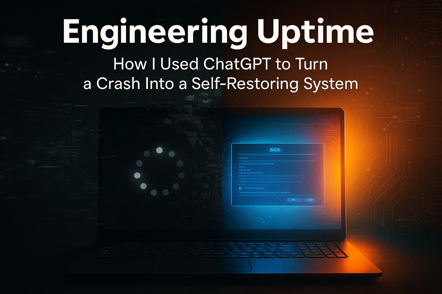 Laptop half glitching, half restored – symbolizing how ChatGPT helped recover a crashed Windows system and create a self-restoring setup.