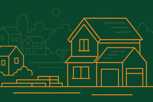A flat-style illustration of a new home under construction, using Ask A Walker’s orange and green brand colors. The scene features a partially framed house, stacked lumber, and foundation outlines in the foreground, with rolling hills, trees, and a subtle skyline in the background, representing new construction in Northern Virginia.