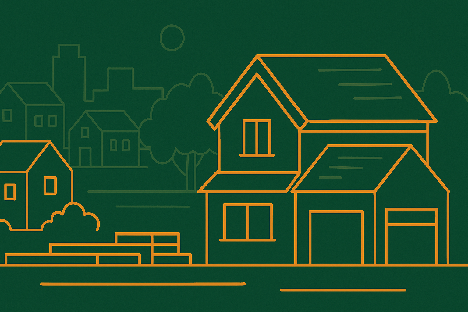 A flat-style illustration of a new home under construction, using Ask A Walker’s orange and green brand colors. The scene features a partially framed house, stacked lumber, and foundation outlines in the foreground, with rolling hills, trees, and a subtle skyline in the background, representing new construction in Northern Virginia.