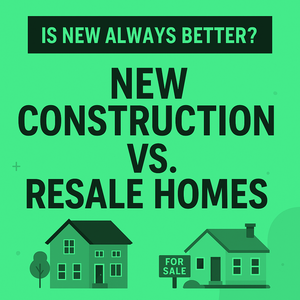 A modern orange and green graphic comparing new construction and resale homes in Loudoun County, Virginia. The image features white text reading “New Construction vs Resale” and “Loudoun County,” with icons of a crane and house on one side and a home with a “For Sale” sign on the other. The “Ask A Walker” logo appears at the bottom.