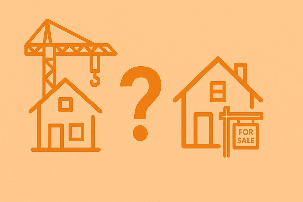 A minimalist orange illustration showing two homes side by side, a newly built modern home and a smaller resale home set against an orange gradient background with subtle clouds above and gentle hills below.