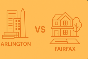A flat orange illustration visually comparing Arlington and Fairfax, Virginia.