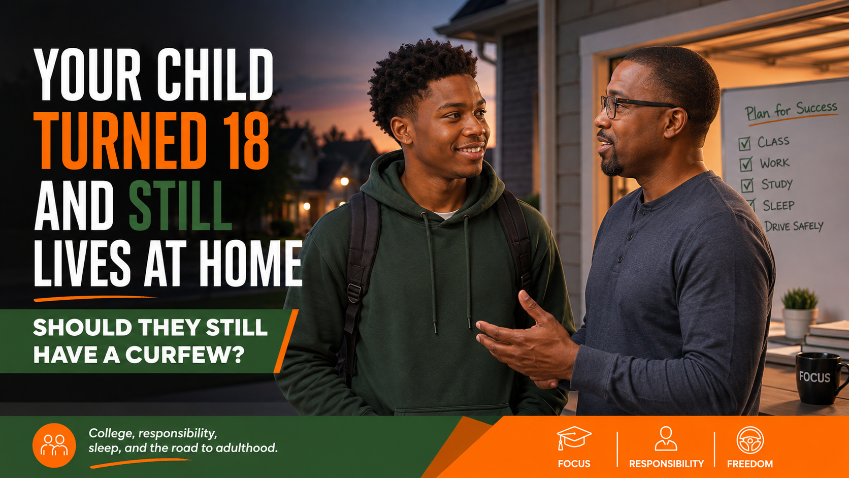 Black father talking with his 18-year-old son about college, curfews, responsibility, and independence.