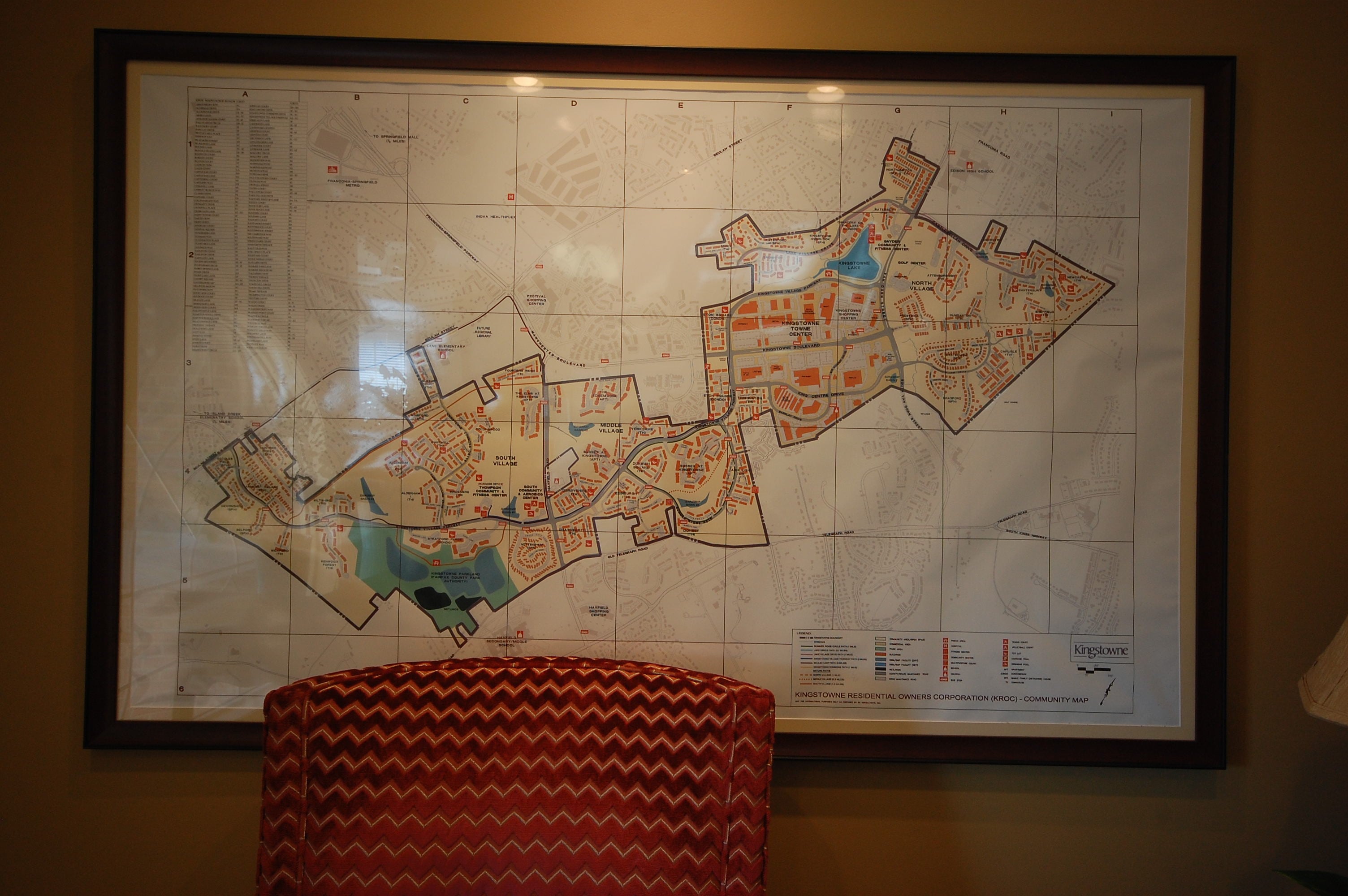 Framed map of the Kingstowne community in Alexandria, Virginia