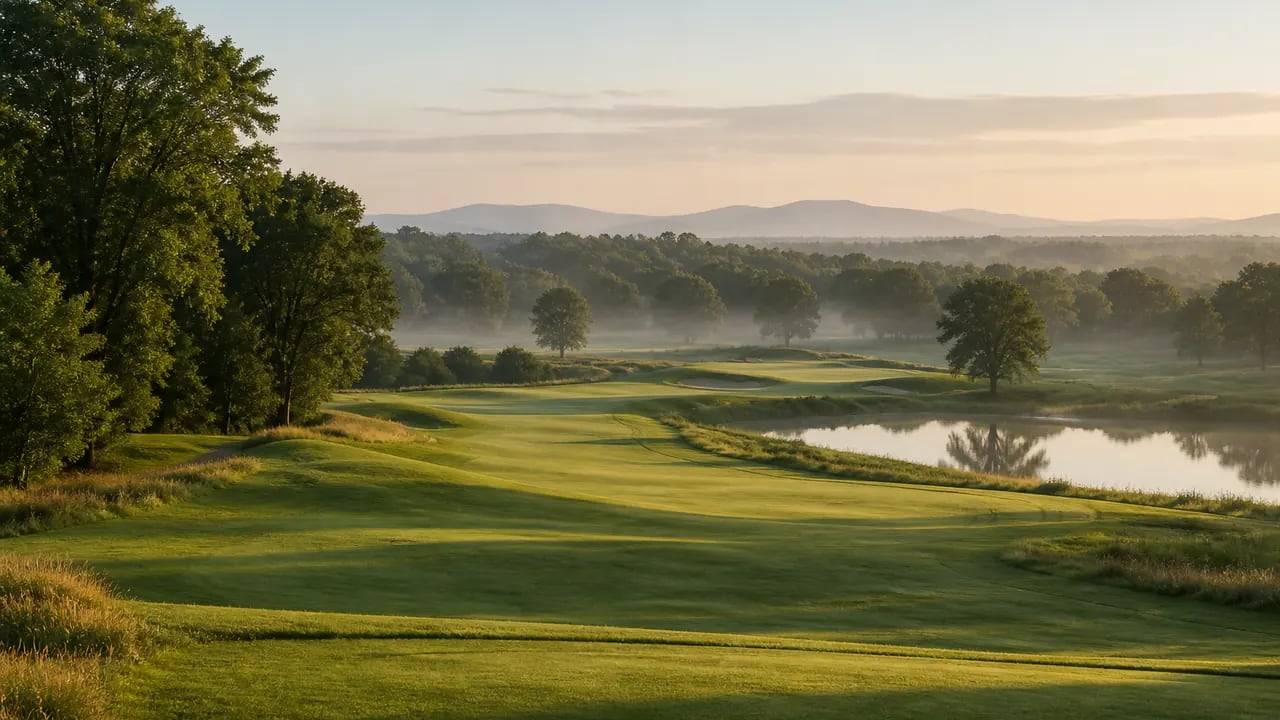 Northern Virginia golf course landscape with fairways, water and Blue Ridge foothills at sunrise