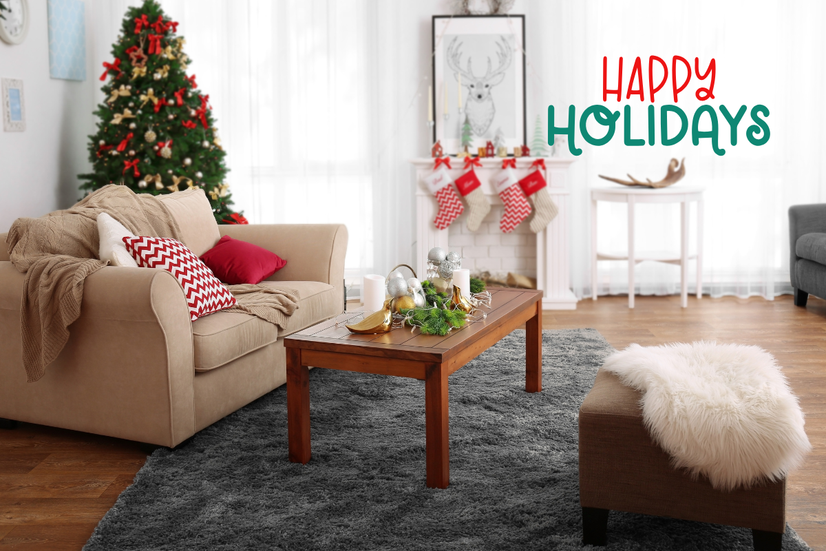 staged living room with Happy Holidays