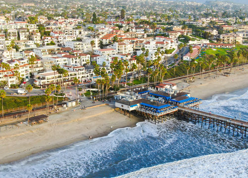 Aerial,View,Of,San,Clemente,Pier,With,Beach,And,Coastline