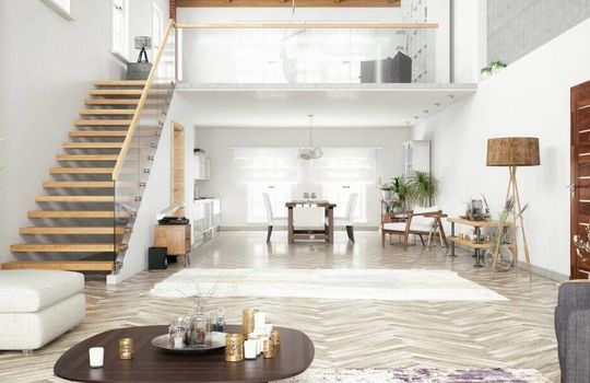 Beautiful white loft with wood stairs and features.