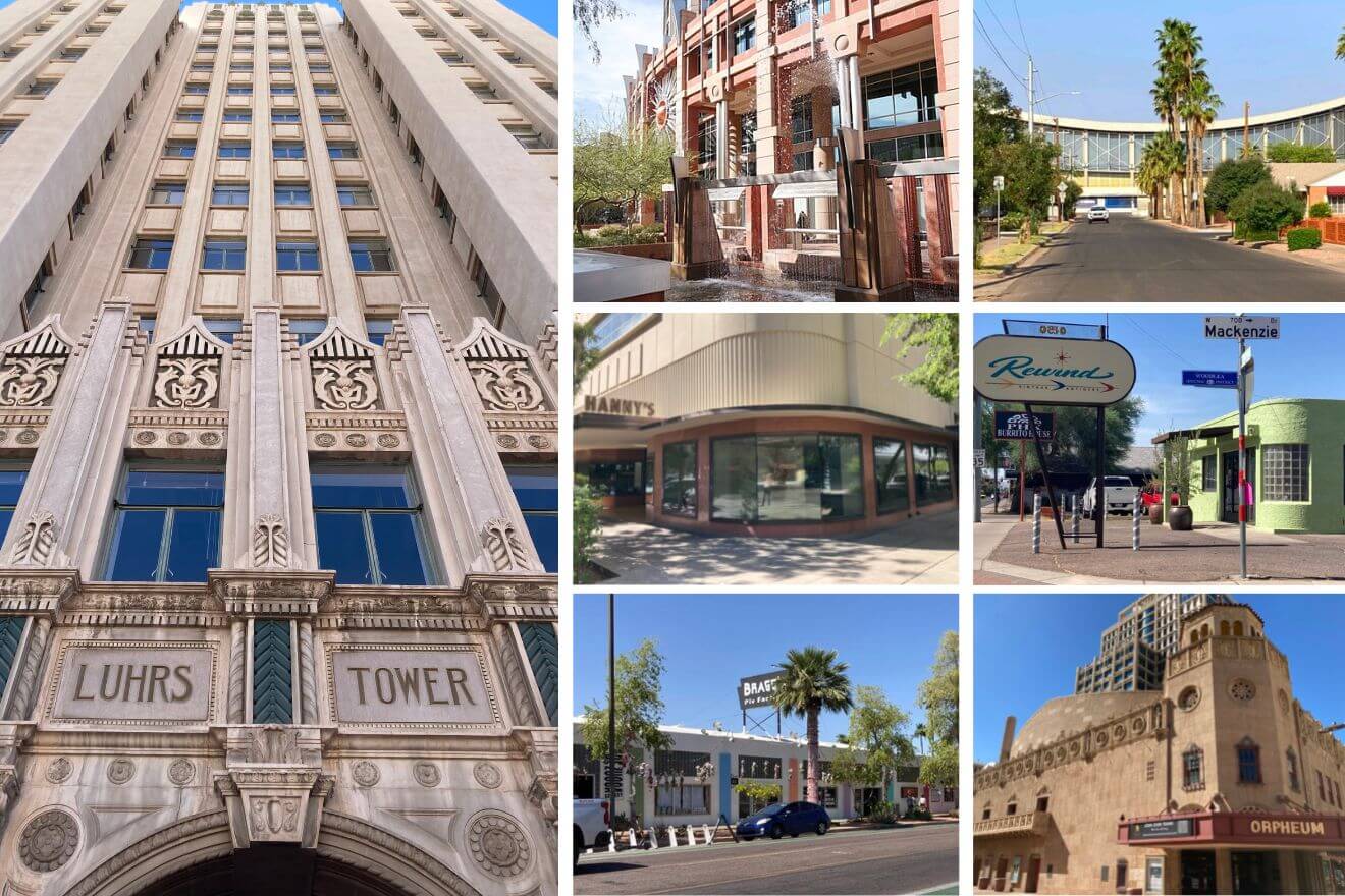 Luhrs Tower, Phoenix City Hall, the State Fair Building, Hanny’s, Rewind Vintage Antiques, the Bragg’s Pie Factory building, and the Orpheum Theater are just a few examples of well-preserved Art Deco buildings in Phoenix.