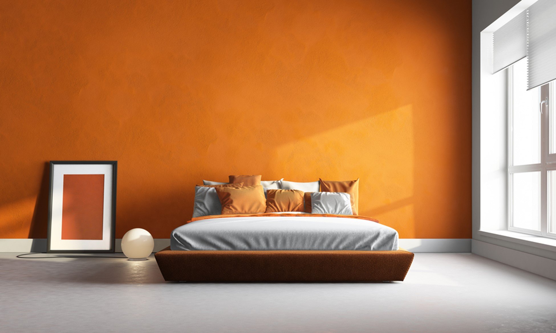 Bodern Burnt Orange Bedroom with lo profile bed and picture on floor
