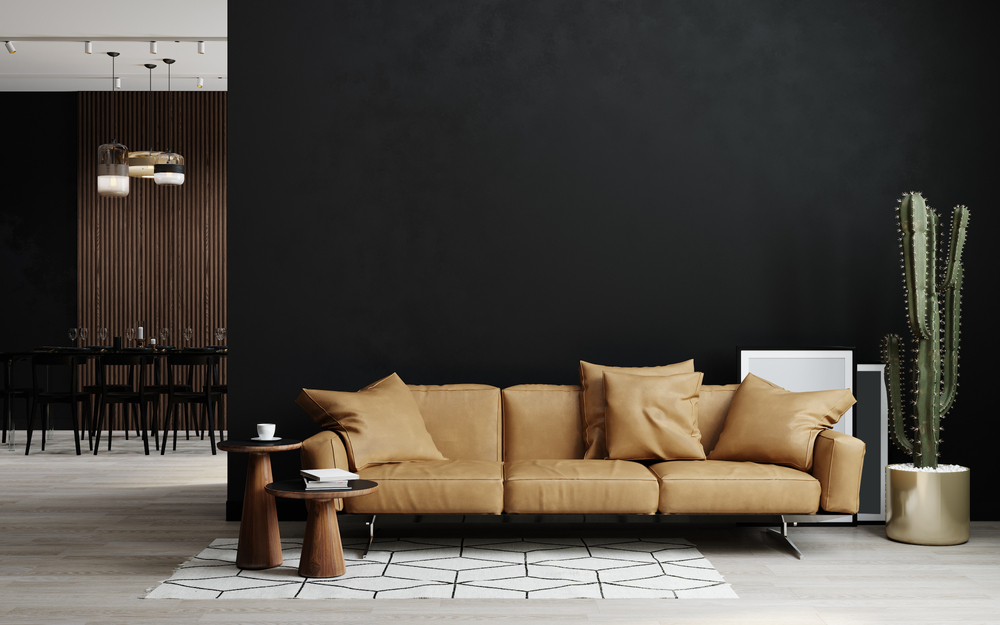 Black Modern Living Room with Tan Leather Couch