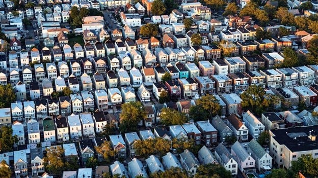 aerial of older 2 story neighborhood homes