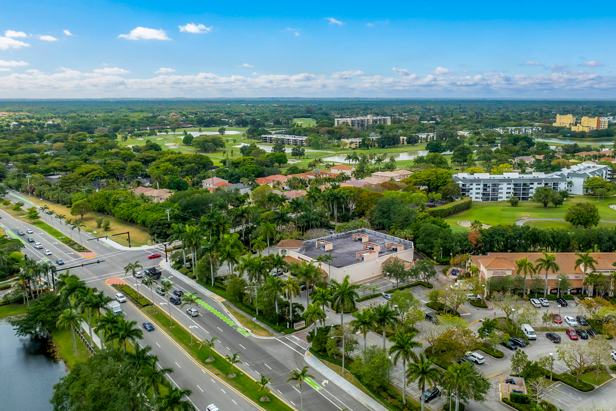 Aerial view of weston along highway with lush tropical greenery