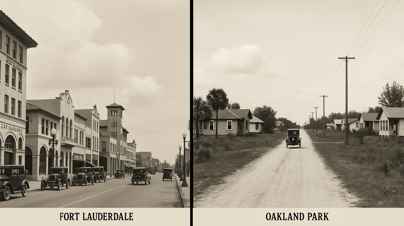 Split black-and-white photo of 1920s Fort Lauderdale with Mediterranean-style buildings and vintage cars on the left, and Oakland Park with a dirt road and wooden homes on the right