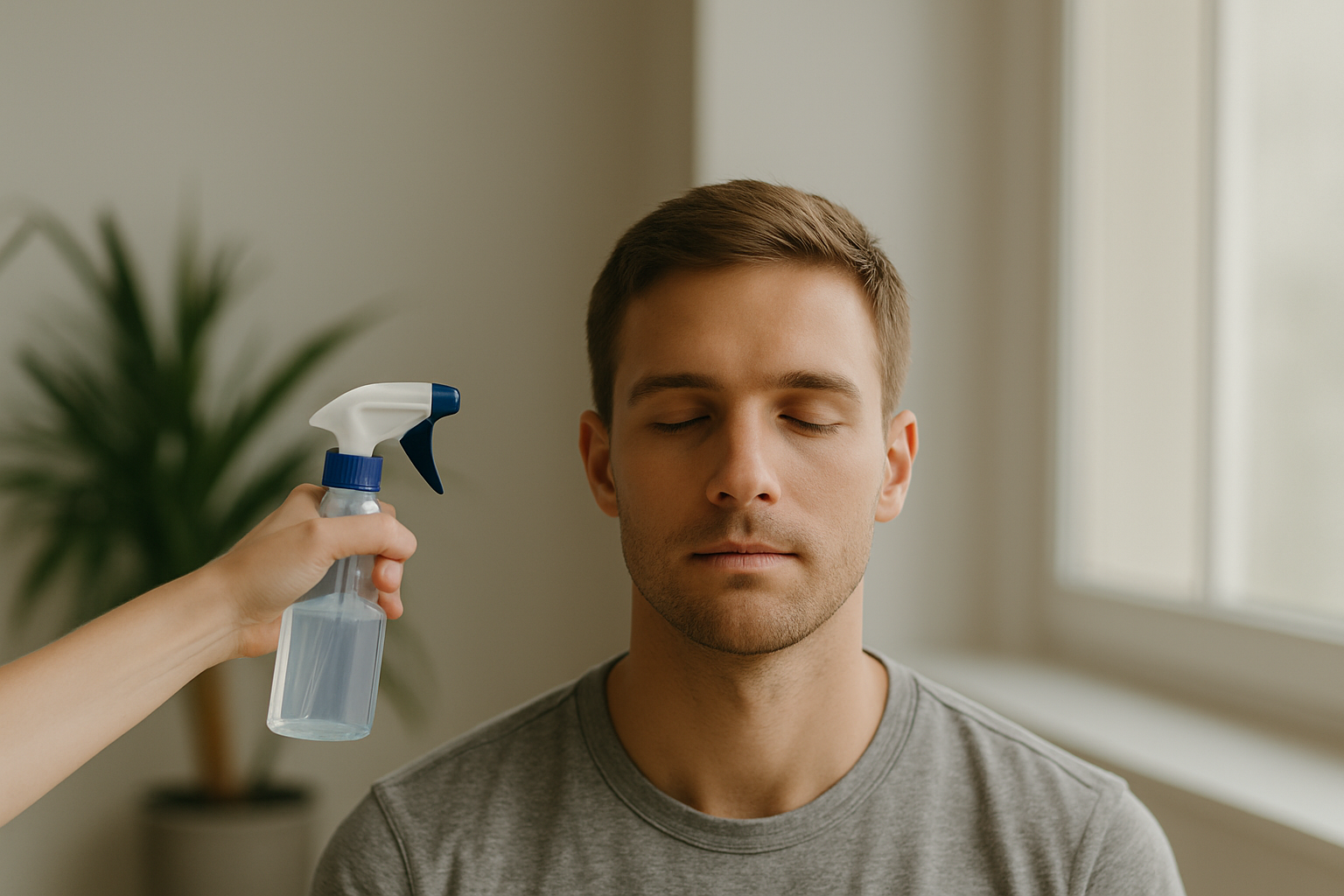 Young man with eyes closed as someone holds a spray bottle near his head, symbolizing spring cleaning for the mind in a calm, sunlit room