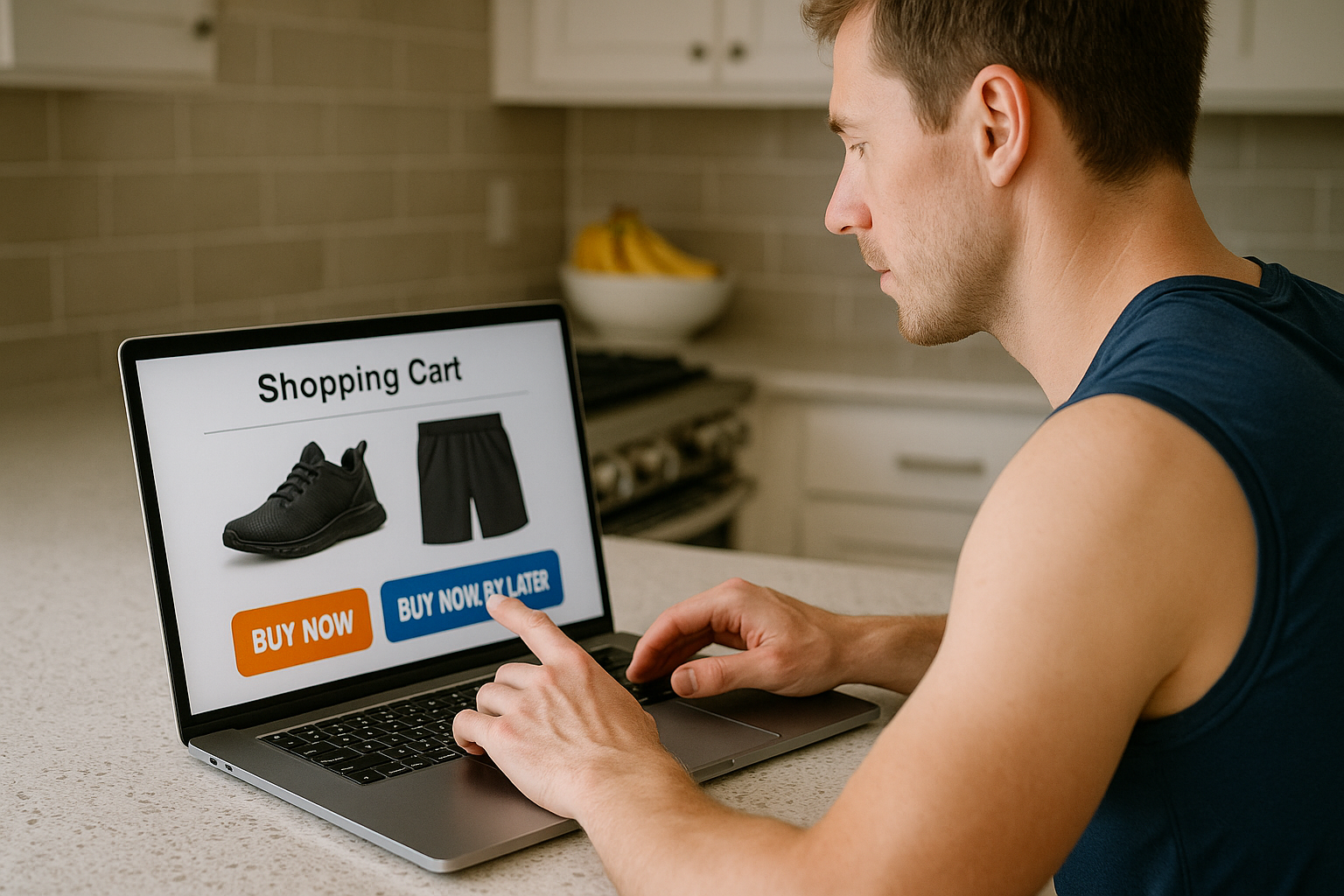 Fit young man in a workout shirt using a laptop in a kitchen, about to select Buy Now Pay Later for athletic gear purchase