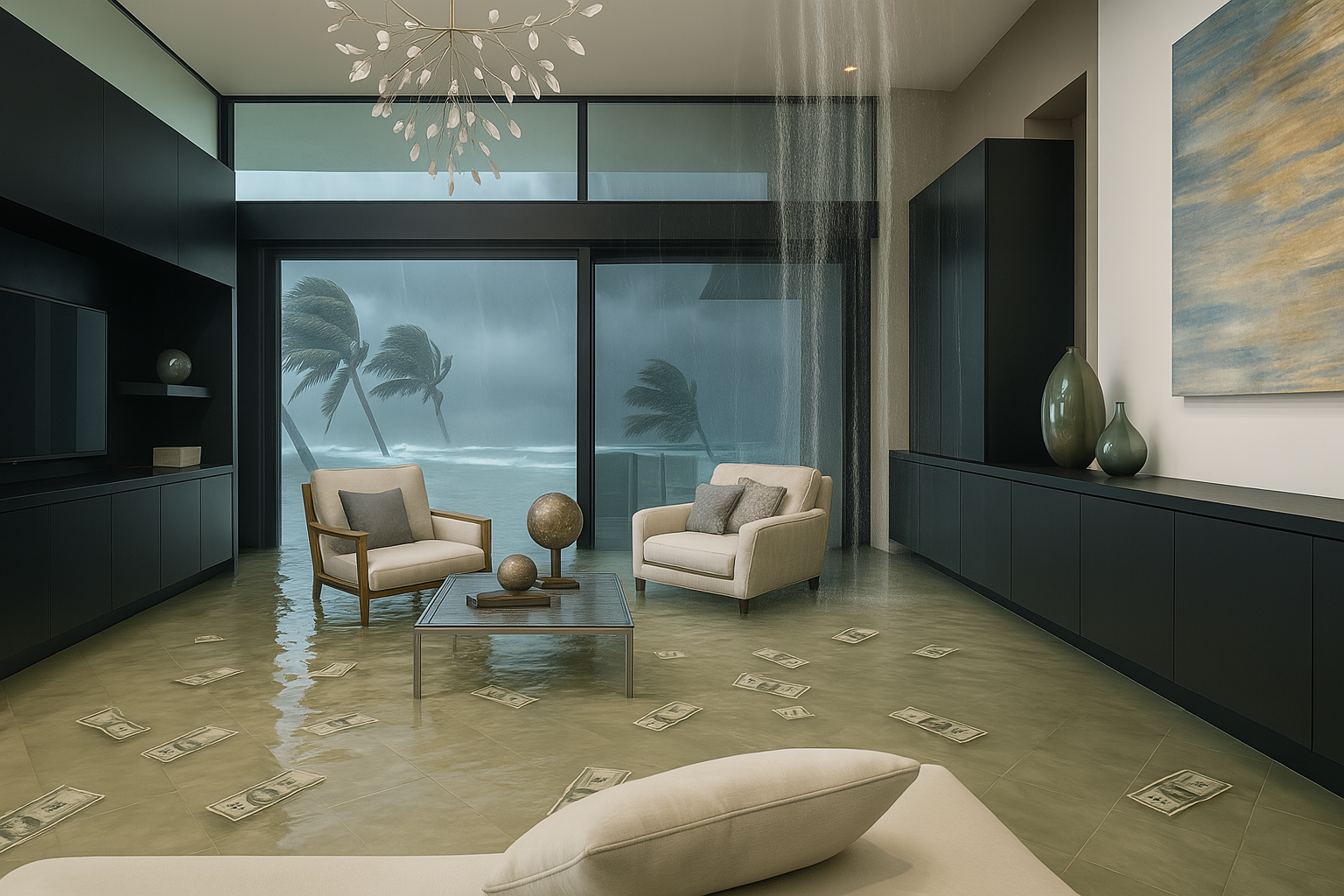 Flooded modern luxury living room with hurricane storm visible outside, water leaking from ceiling, and $100 bills floating on the floor