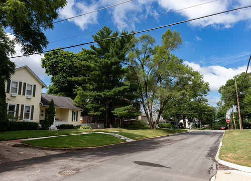 Midwest Neighborhood Street with Old Homes and Green Trees durin