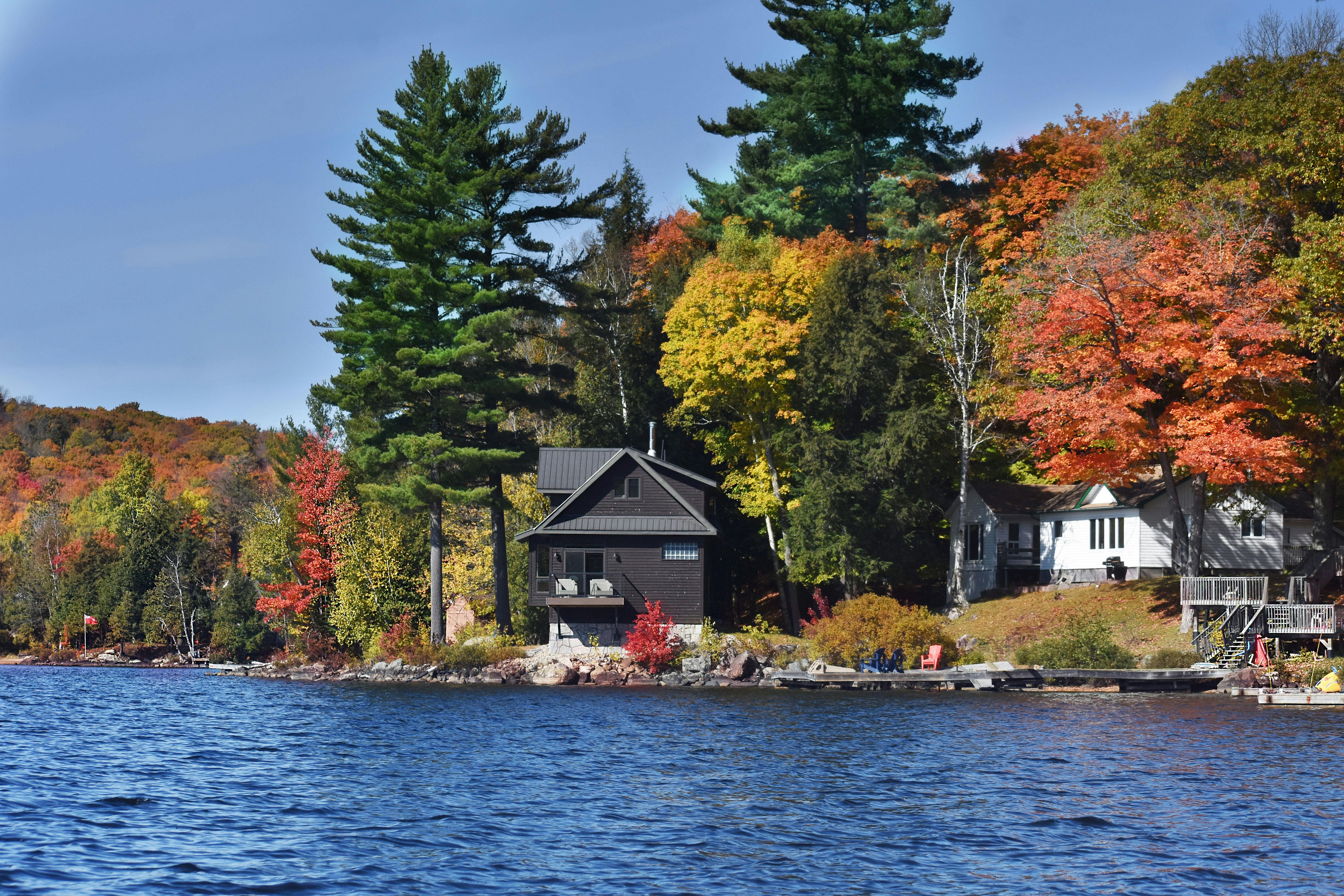 Scenic Lakeside Cabin Amid Vibrant Autumn Foliage