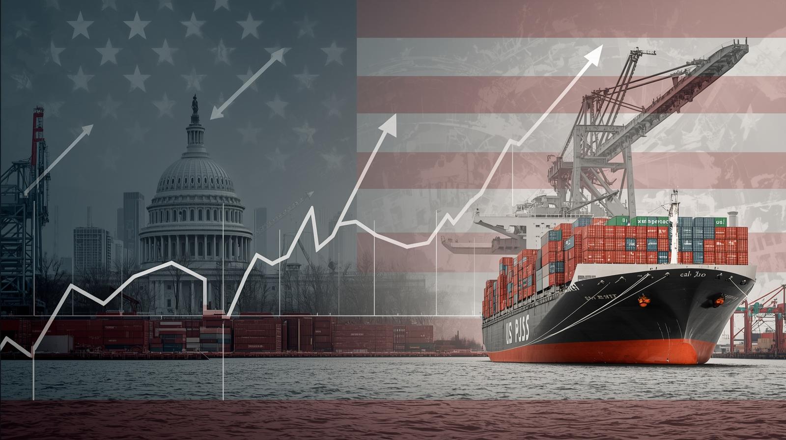 Create a bold, editorial-style featured image representing new U.S. tariffs and their broader impact on the national economy.__Visual direction___Subtle U.S. Capitol or Washington D.C. skyline in the b