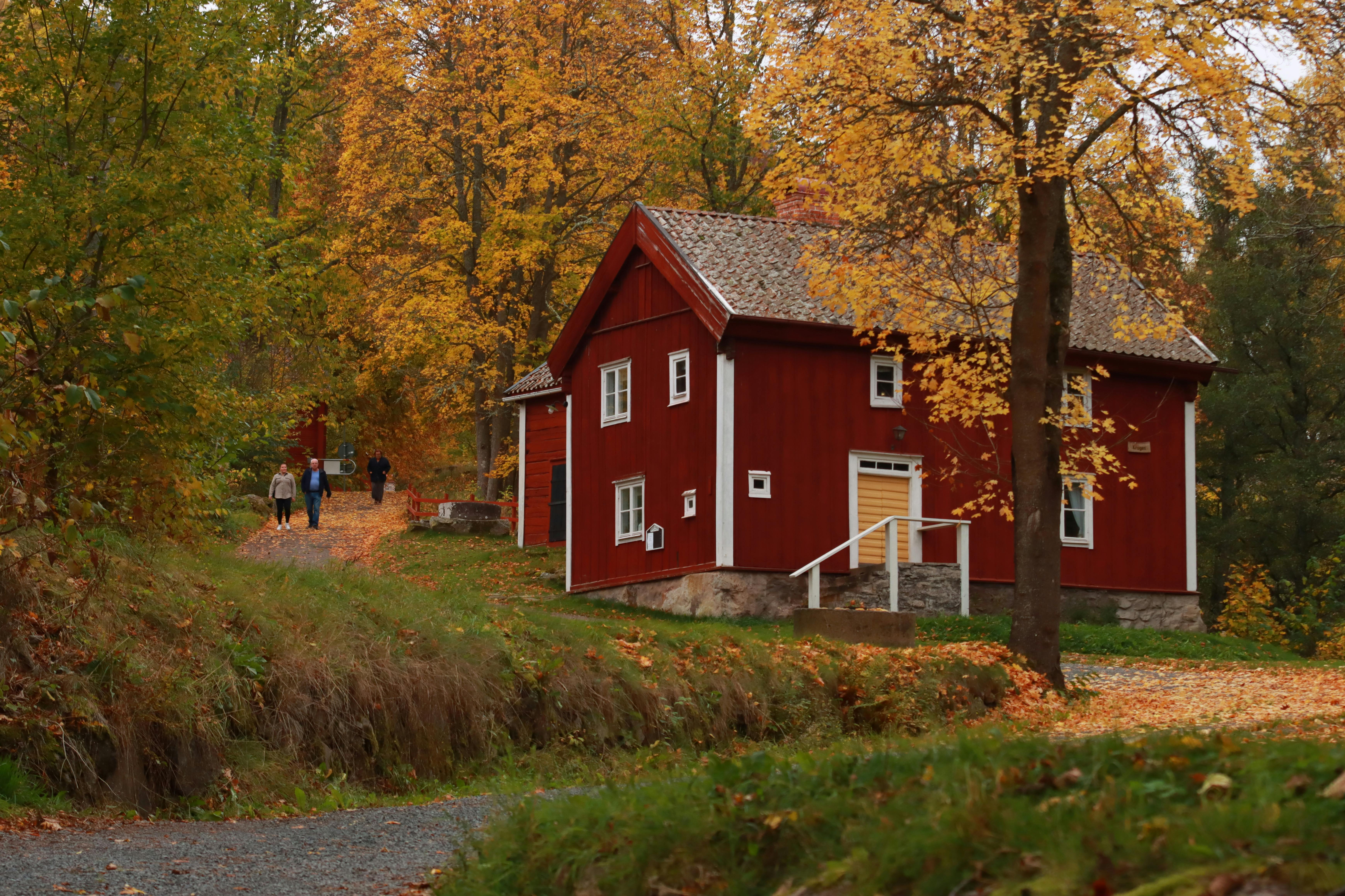People Walking in a Park by a Red House in Autumn