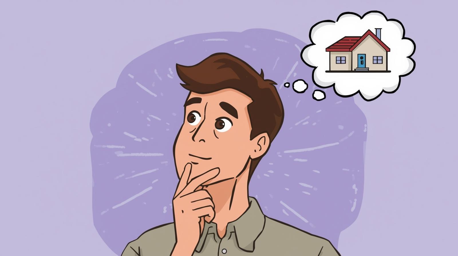 image of an american man in his 30's thinking of buying a home for the first time, animated or cartoonish, bubble pop for thinking