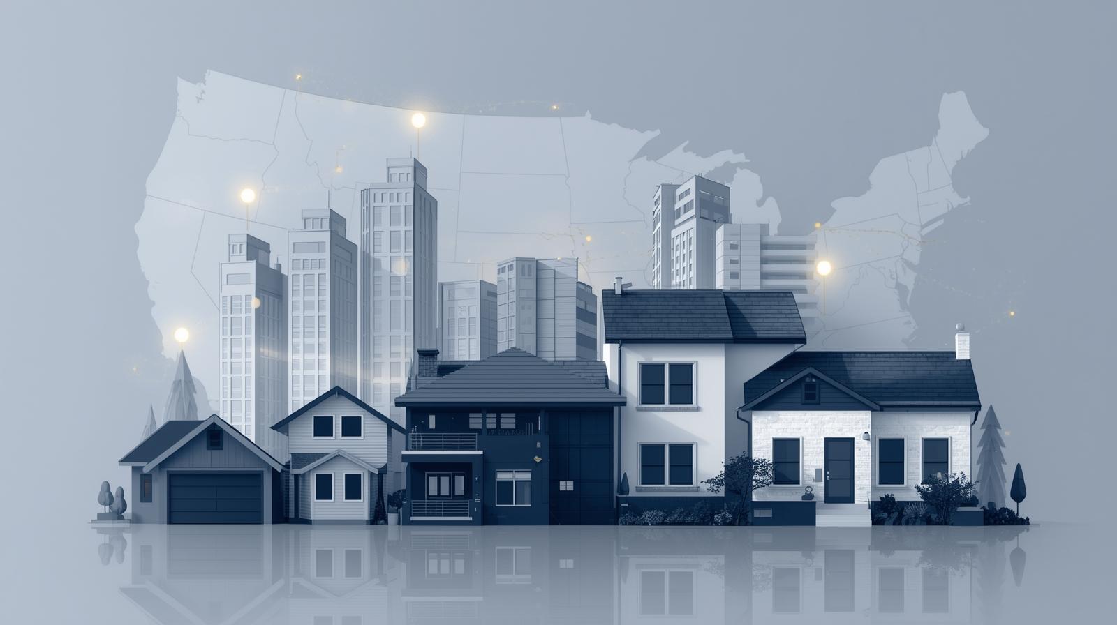 Create a clean, modern featured image representing select U.S. housing markets that may outperform in 2026.__Visual direction___A subtle U.S. map background with a few areas softly highlighted (no labe