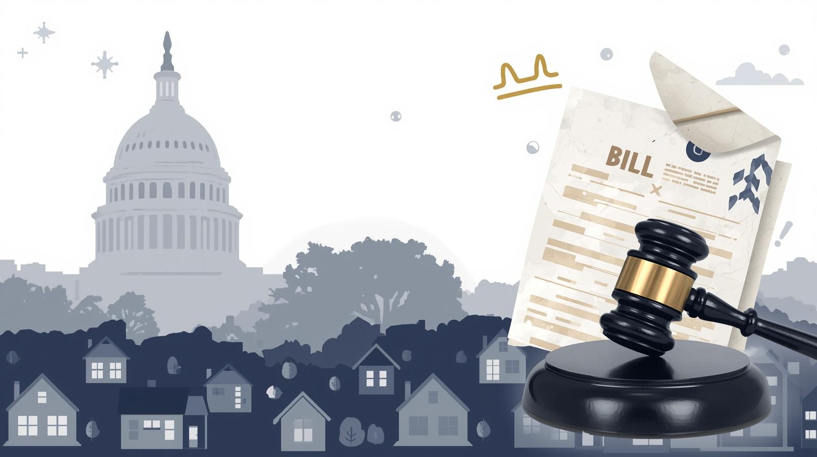 Create a professional, editorial-style featured image representing a major housing policy bill being discussed in the U.S. Senate and its potential impact on the housing market.__Visual direction__ (1)