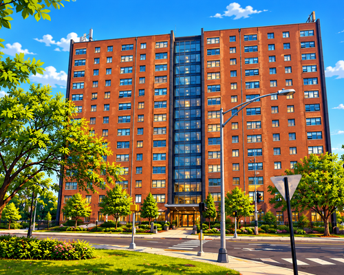 Sunny Urban Tower with Lush Streetscape