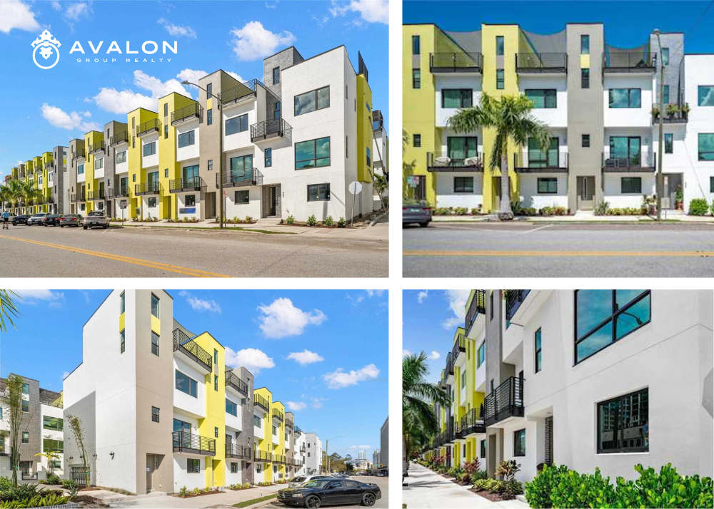 The District On 9th Luxury Townhomes picture shows the completed green, white and gray townhomes from the north, south , east and west.