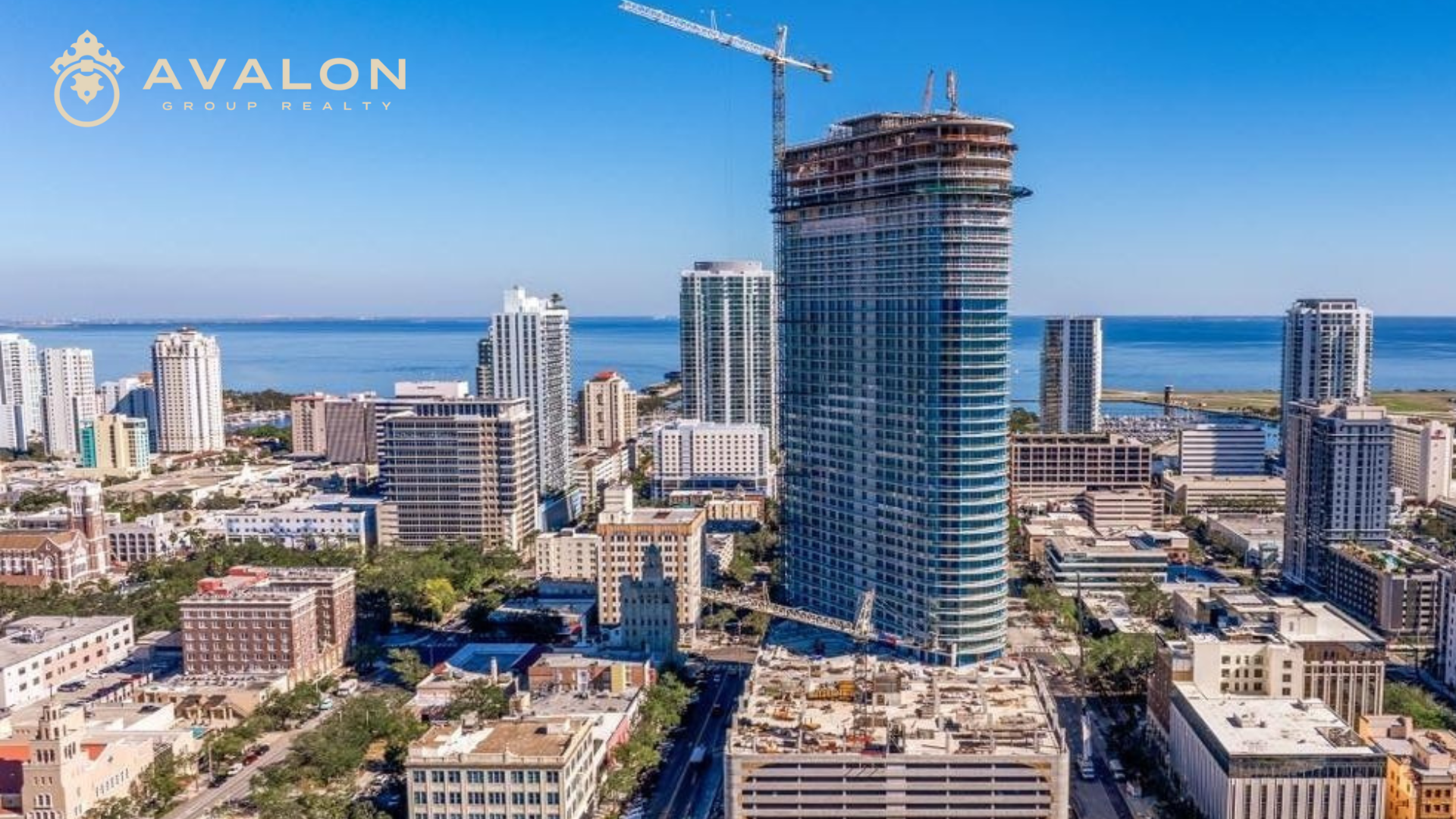 400 Central Residences tops out at 46 floors picture shows a view looking east of the complete top floor and Tampa Bay in the distance.