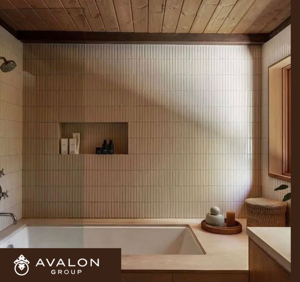 Japandi Shower and Bathtub in earth tone colors.