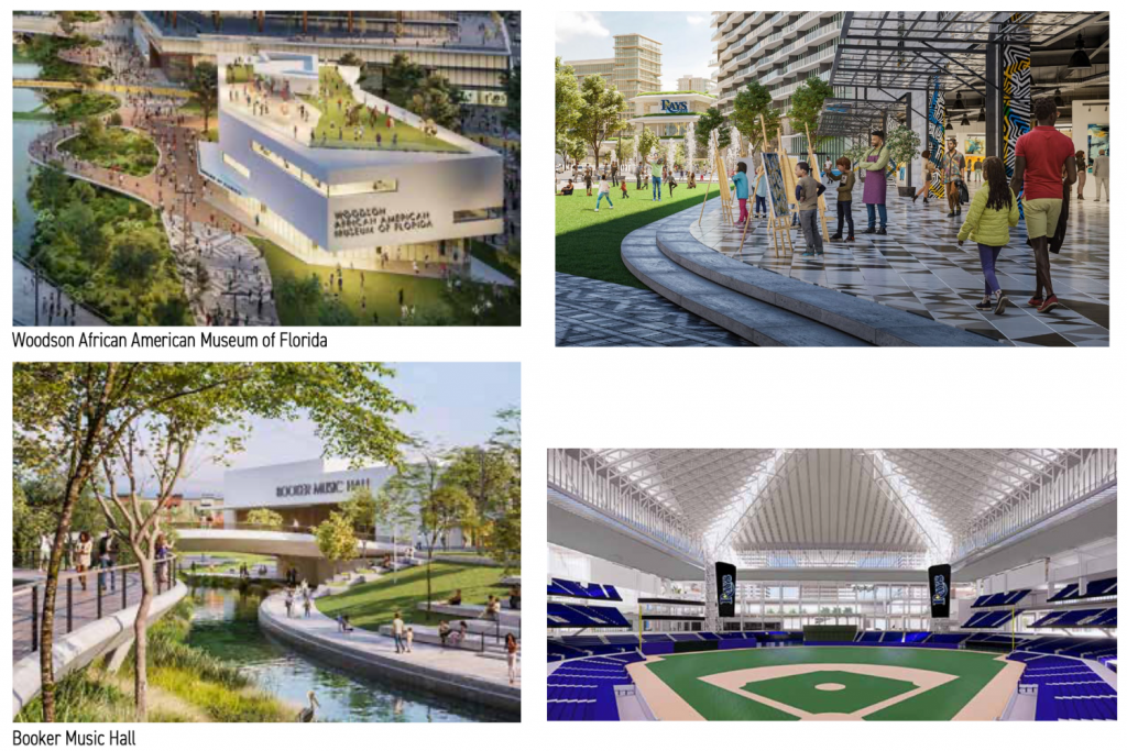 4 different perspectives of the Tampa Bay Ray's Stadium development. with one interior view of field.